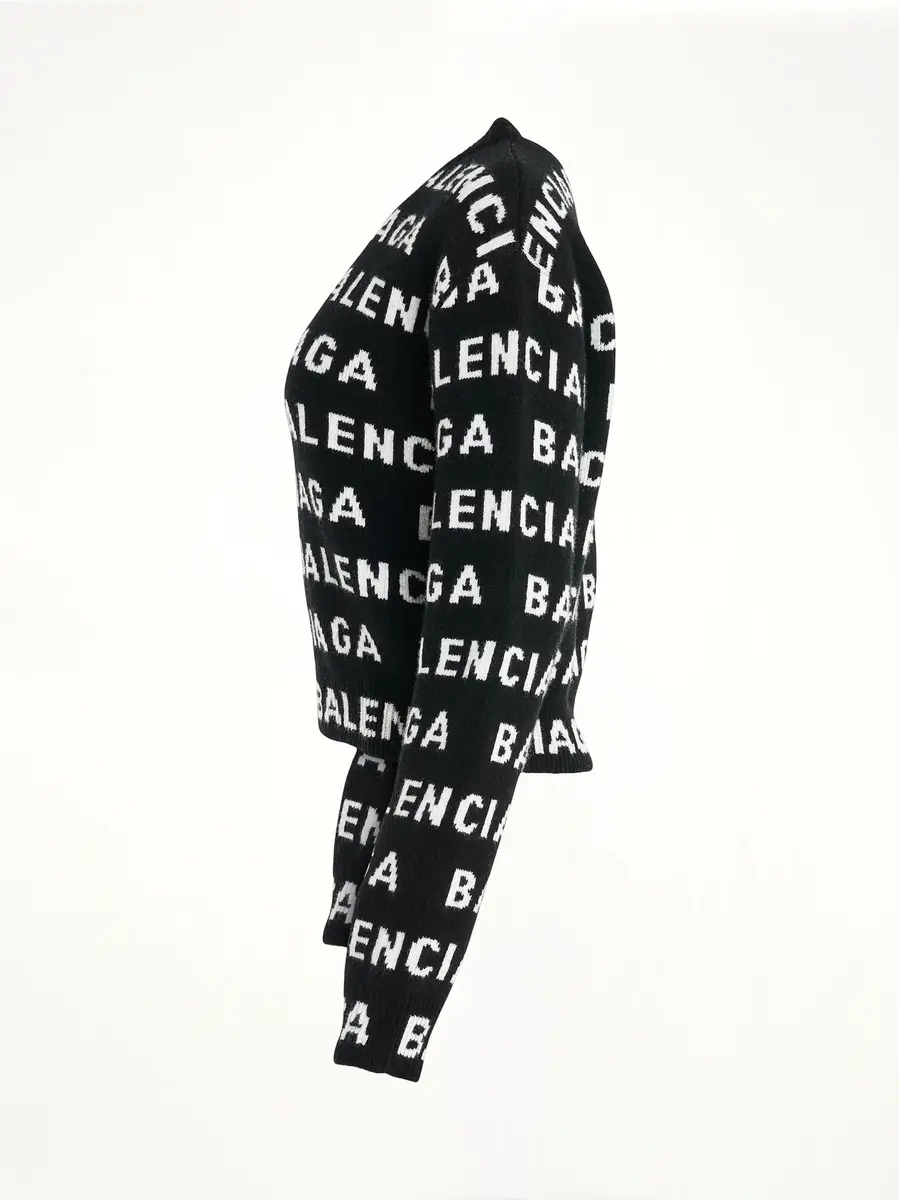 Balenciaga All-over Logo Cropped Sweater in Black/white Black | Thumbnail 2 Balenciaga All-over Logo Cropped Sweater in Black/white Black | Thumbnail 2