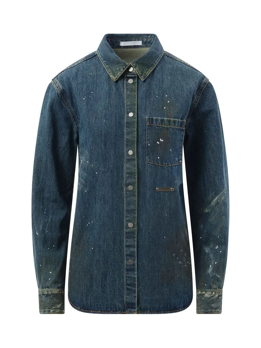 Helmut Lang Painted Denim Shirt in Mid Indigo Blue | Thumbnail 3