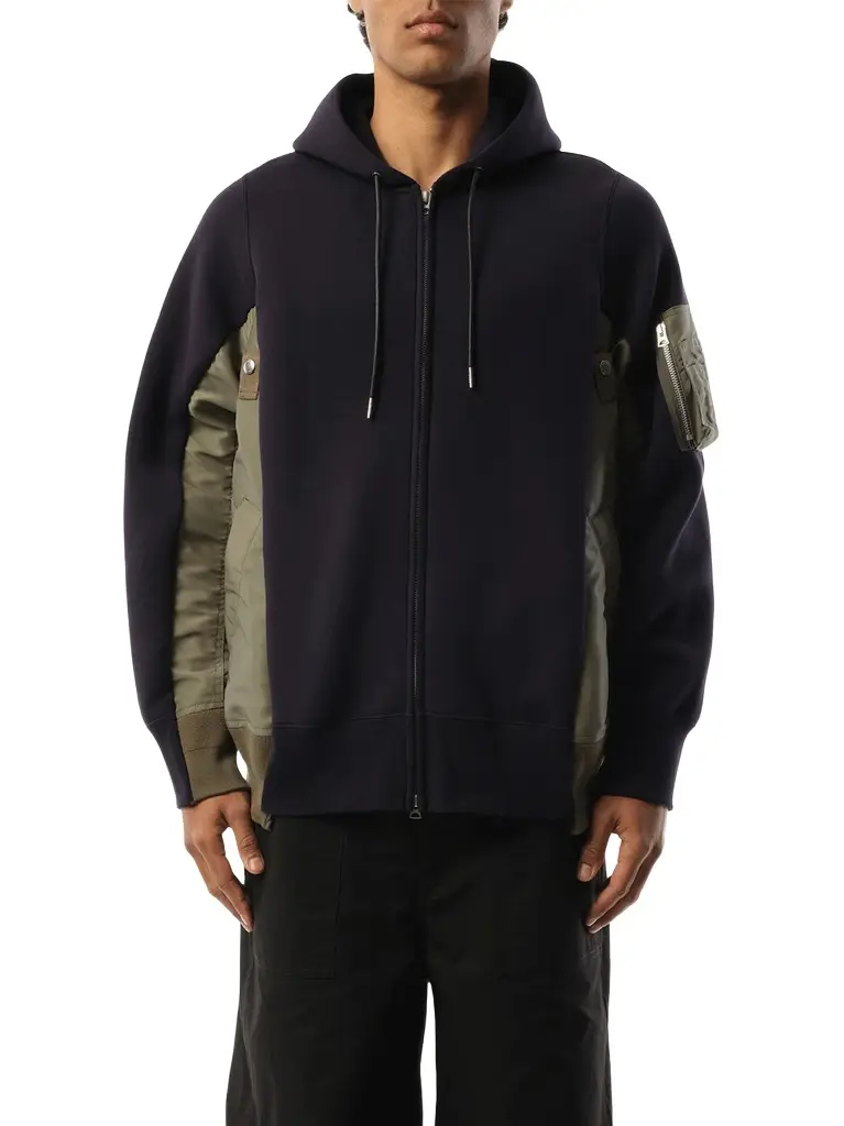 Sacai Sponge Sweat Nylon Twill Zip Hoodie in Navy/khaki | Image 1 Sacai Sponge Sweat Nylon Twill Zip Hoodie in Navy/khaki | Image 1