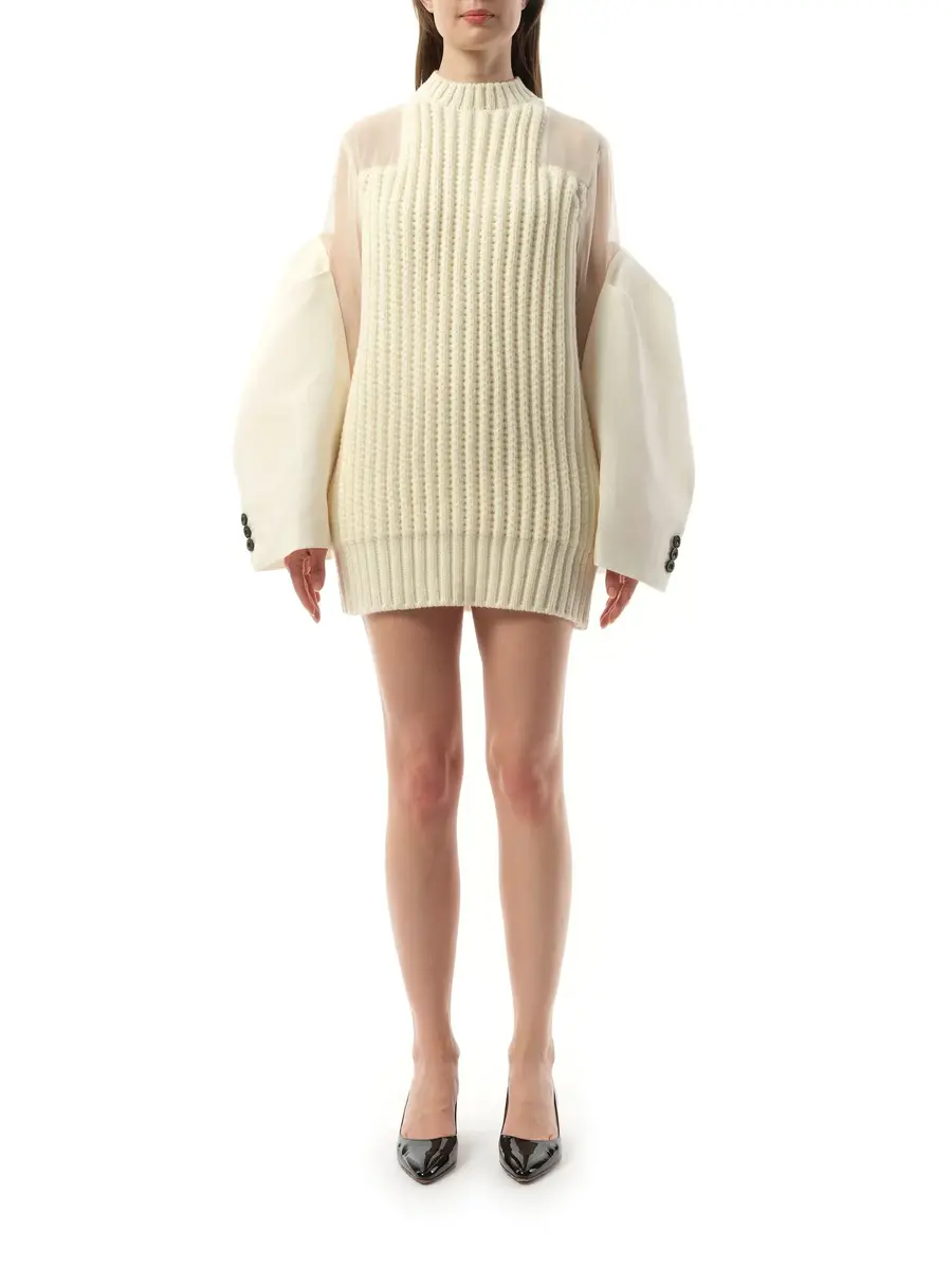 Sacai Silk Chiffon Mix Knit Dress in Off White | Thumbnail 4 Sacai Silk Chiffon Mix Knit Dress in Off White | Thumbnail 4