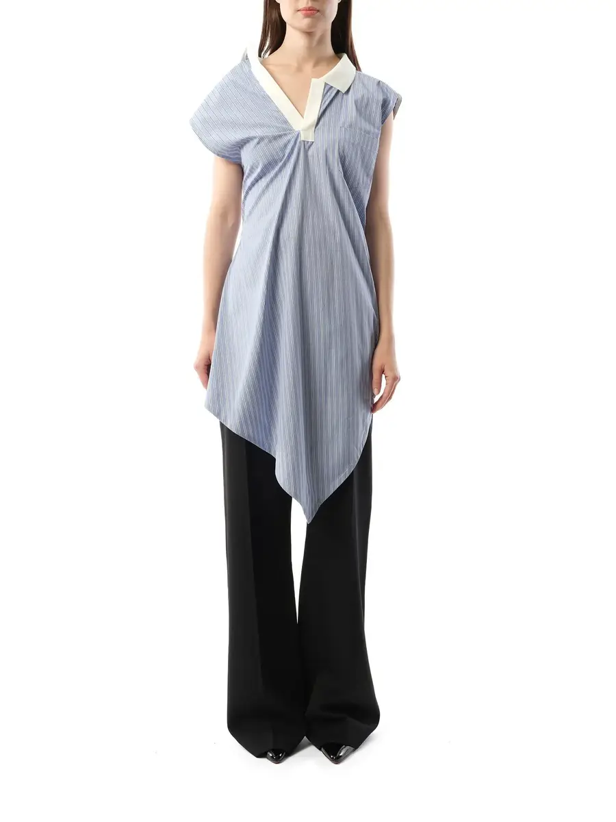 Sacai Cotton Poplin Polo Shirt in Light Blue Stripe | Thumbnail 4
