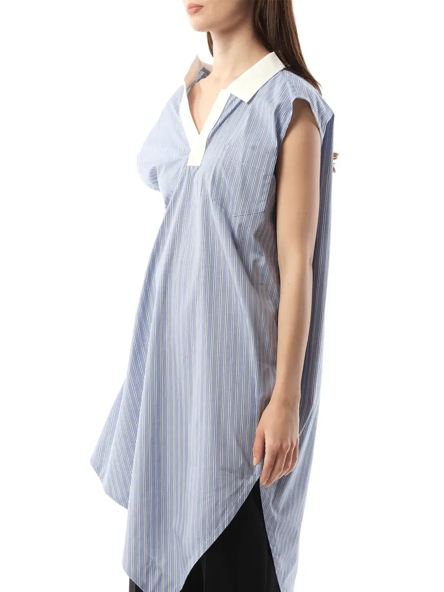 Sacai Cotton Poplin Polo Shirt in Light Blue Stripe | Thumbnail 5