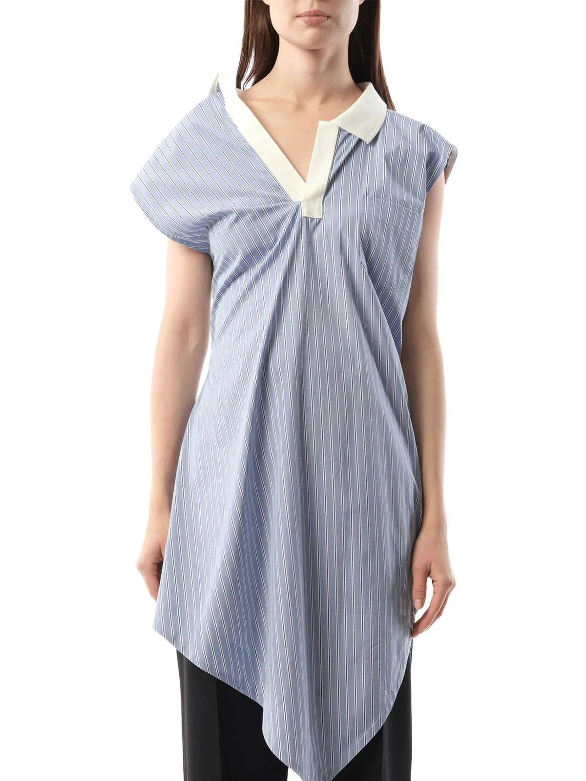Cotton Poplin Polo Shirt in Light Blue Stripe Cotton Poplin Polo Shirt in Light Blue Stripe
