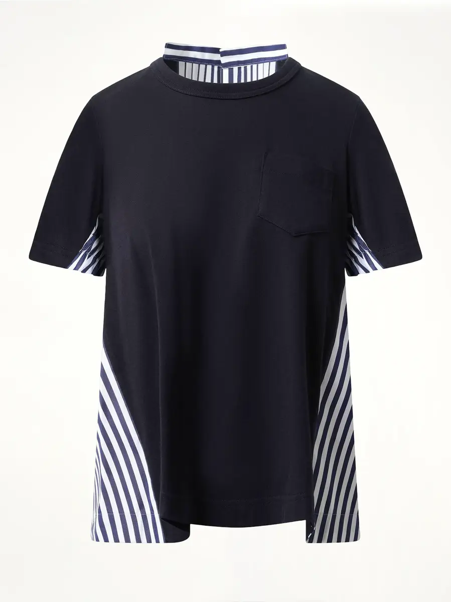 Sacai Cotton Poplin x Jersey T-shirt in Navy/navy Stripe | Thumbnail 3