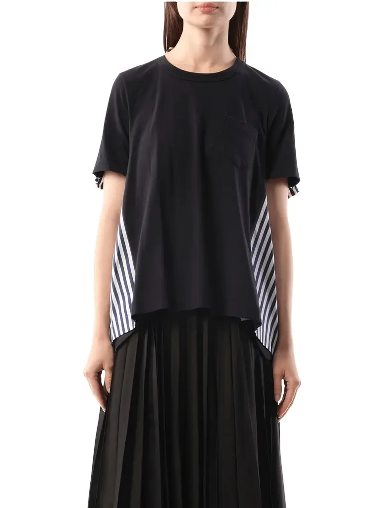 Sacai Cotton Poplin x Jersey T-shirt in Navy/navy Stripe Navy | Image 1 Sacai Cotton Poplin x Jersey T-shirt in Navy/navy Stripe Navy | Image 1