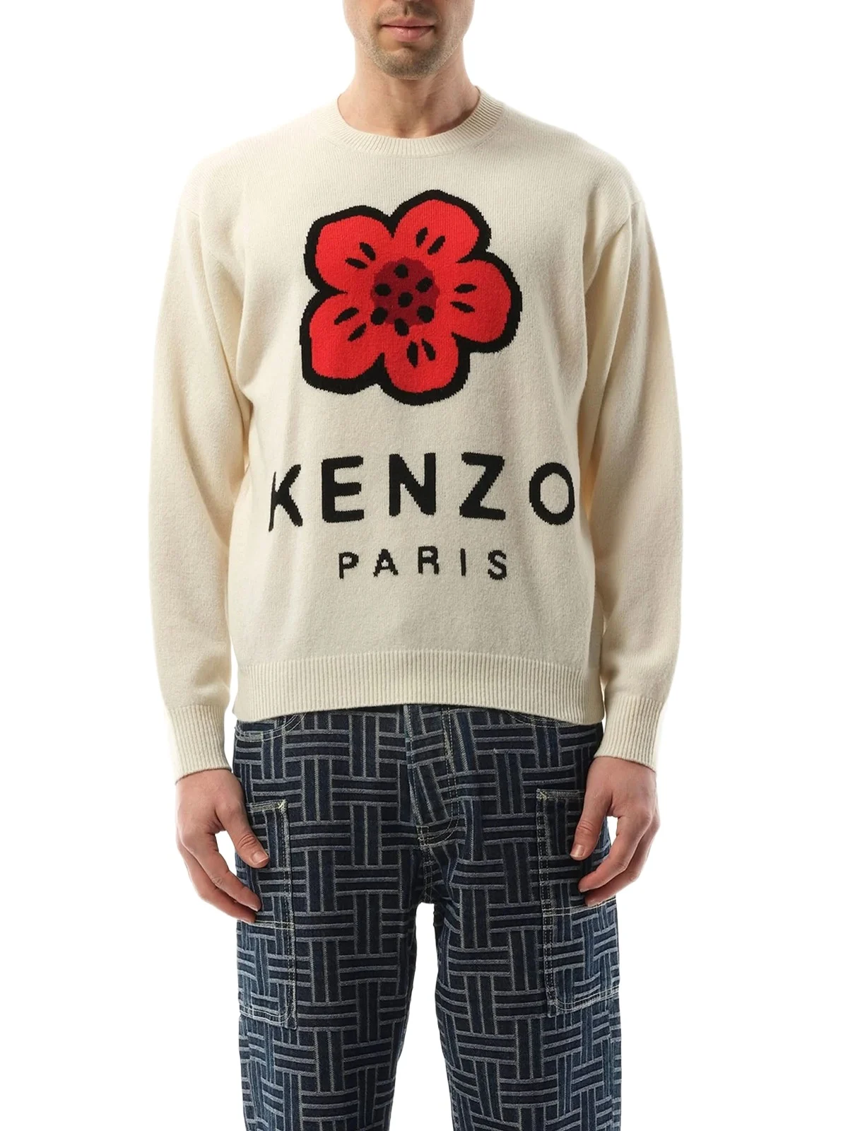 KENZO Knit Boke Flower Placed Sweater in Off White