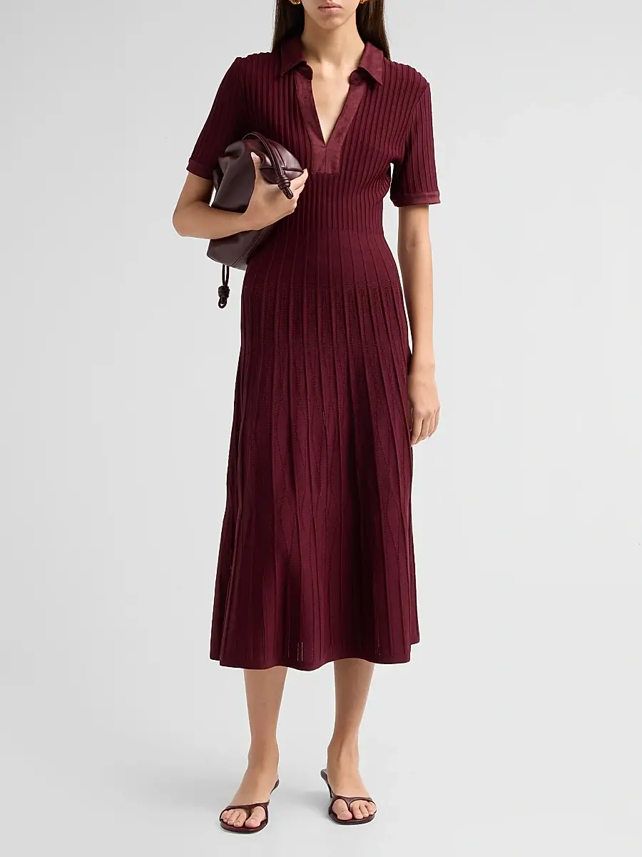 Milly Women's Dylan Johnny-Collar Ribbed Midi Dress | Thumbnail 2 Milly Women's Dylan Johnny-Collar Ribbed Midi Dress | Thumbnail 2