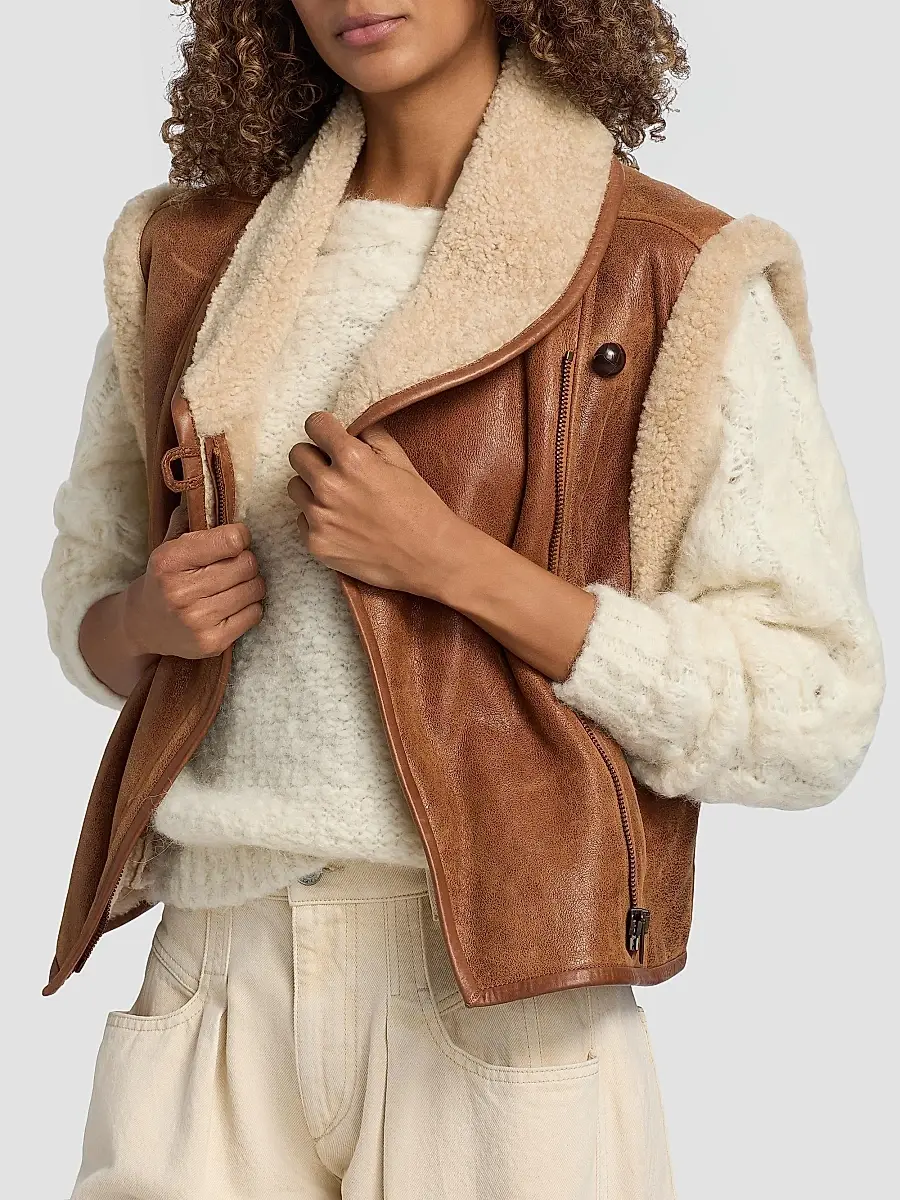 Isabel Marant Women's Alime Leather & Shearling Vest - Cognac | Thumbnail 6
