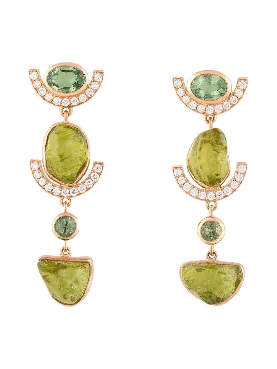 Green Sapphire Diamond Peridot Long Sequence Earrings Green Sapphire Diamond Peridot Long Sequence Earrings