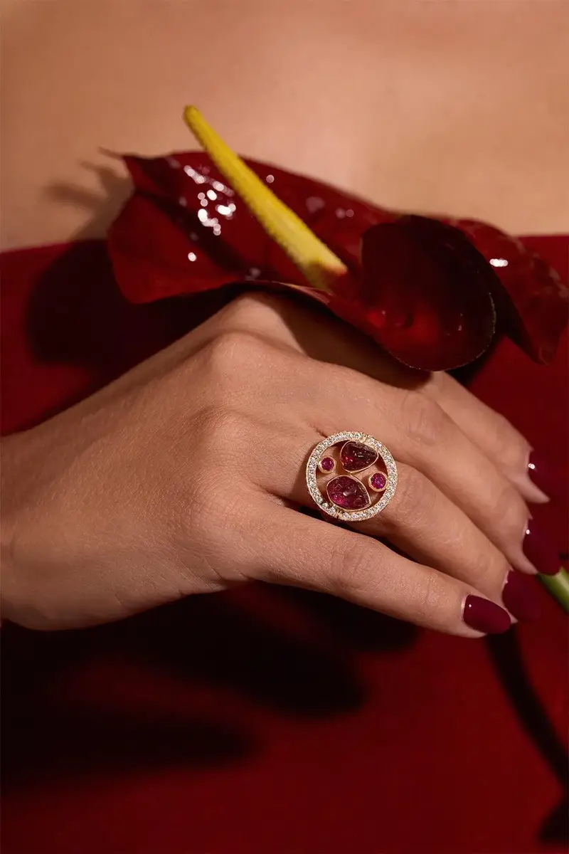 CLARA CHEHAB Pink Sapphire Diamond Garnet Full Moon Halo Ring | Thumbnail 2
