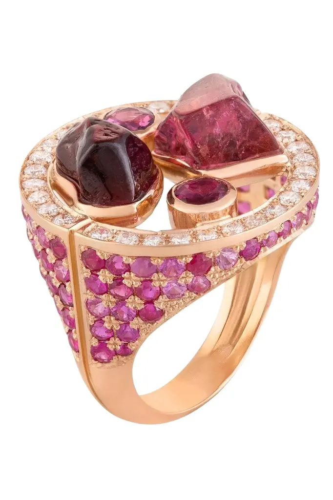 CLARA CHEHAB Pink Sapphire Diamond Garnet Full Moon Halo Ring | Image 1 CLARA CHEHAB Pink Sapphire Diamond Garnet Full Moon Halo Ring | Image 1