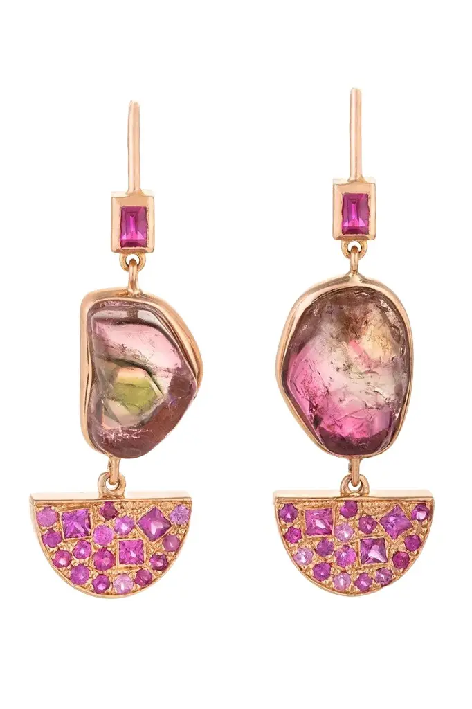 CLARA CHEHAB Pink Sapphire Watermelon Tourmaline Half Moon Drop Earrings | Image 1 CLARA CHEHAB Pink Sapphire Watermelon Tourmaline Half Moon Drop Earrings | Image 1
