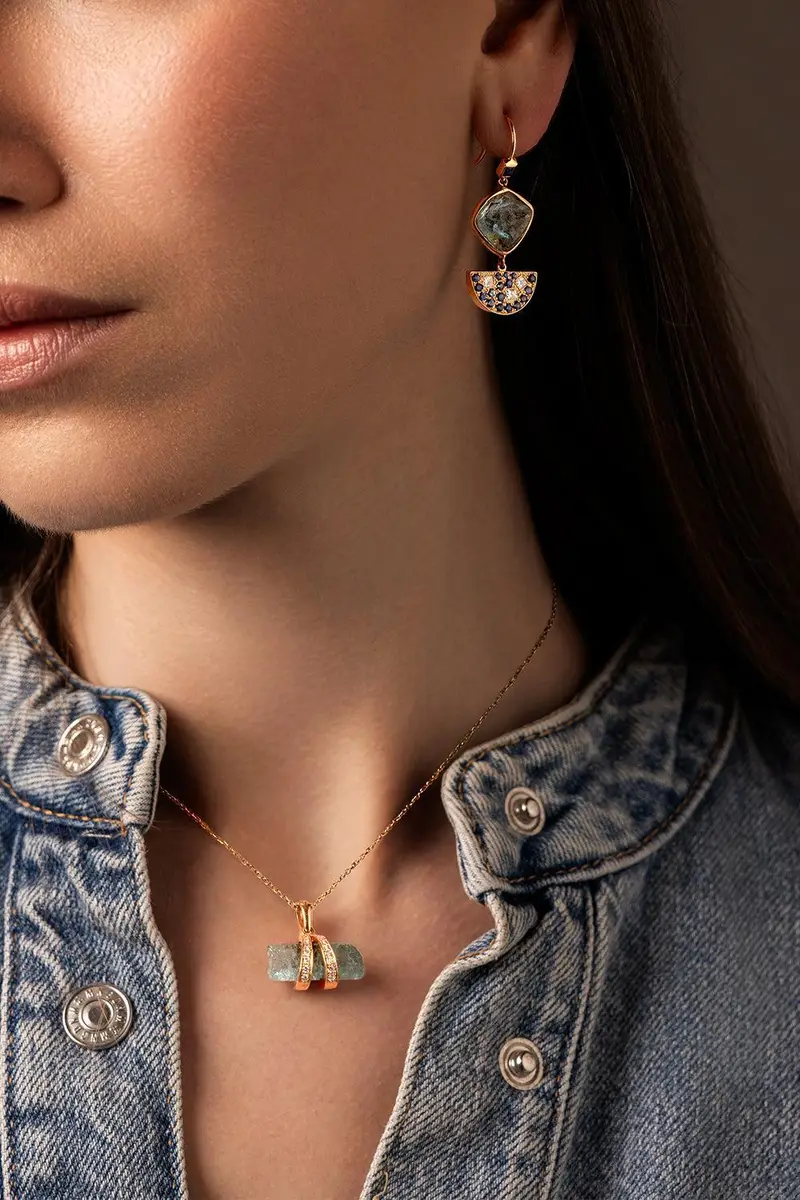 CLARA CHEHAB Sapphire Diamond Aquamarine Half Moon Drop Earrings | Thumbnail 2 CLARA CHEHAB Sapphire Diamond Aquamarine Half Moon Drop Earrings | Thumbnail 2