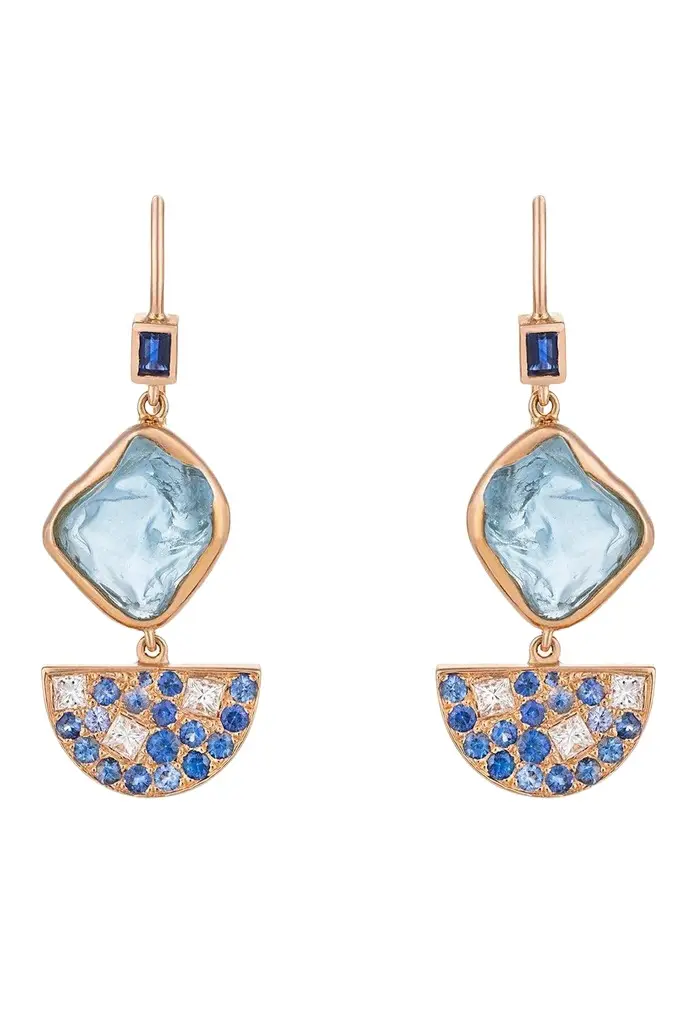 CLARA CHEHAB Sapphire Diamond Aquamarine Half Moon Drop Earrings | Image 1 CLARA CHEHAB Sapphire Diamond Aquamarine Half Moon Drop Earrings | Image 1