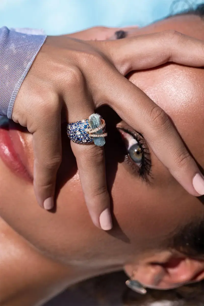CLARA CHEHAB Sapphire Diamond Aquamarine Lunar Bombee Ring | Thumbnail 2