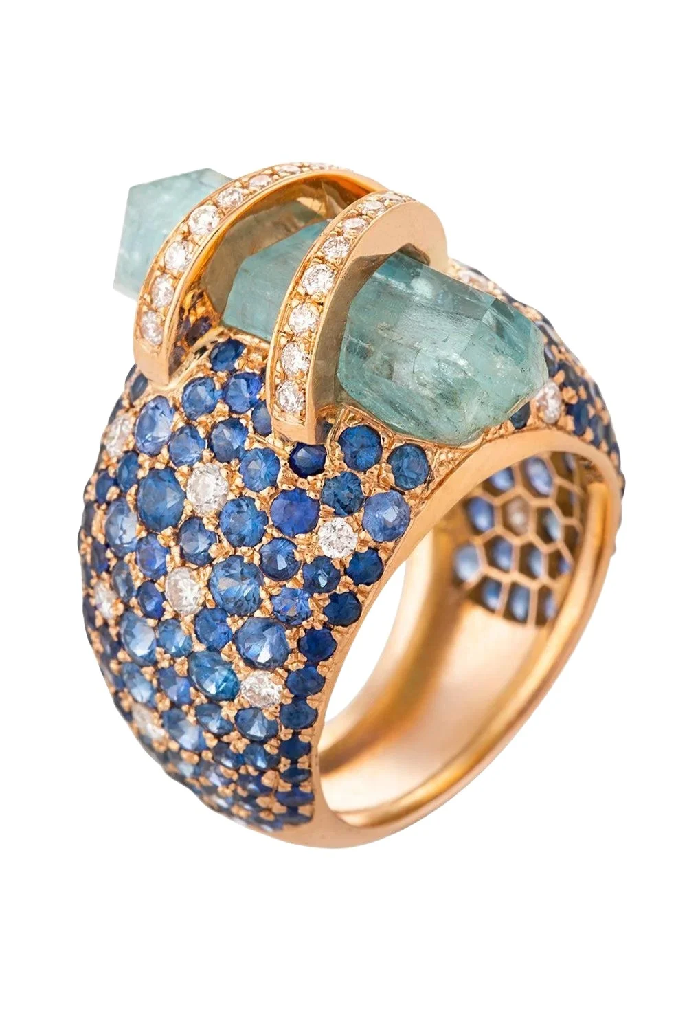 Sapphire Diamond Aquamarine Lunar Bombee Ring Sapphire Diamond Aquamarine Lunar Bombee Ring