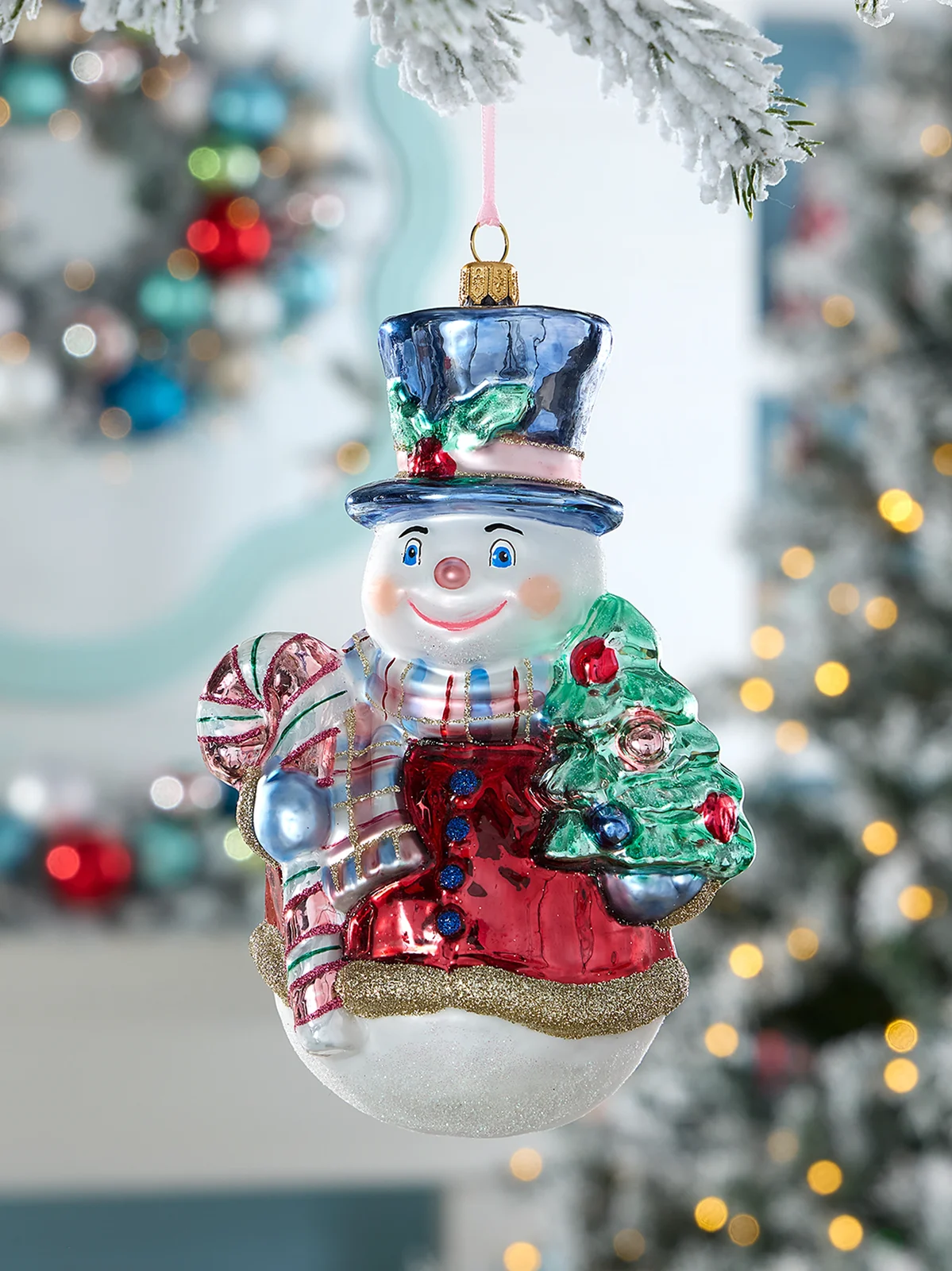 Glassware Art Studio Candy Cane Snowman Glass Ornament