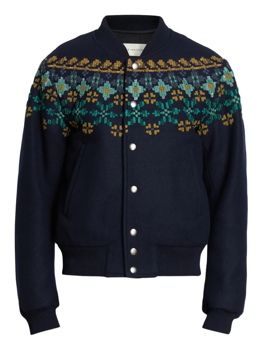 Men's Valtor Wool-Blend Intarsia-Knit Bomber Jacket Men's Valtor Wool-Blend Intarsia-Knit Bomber Jacket