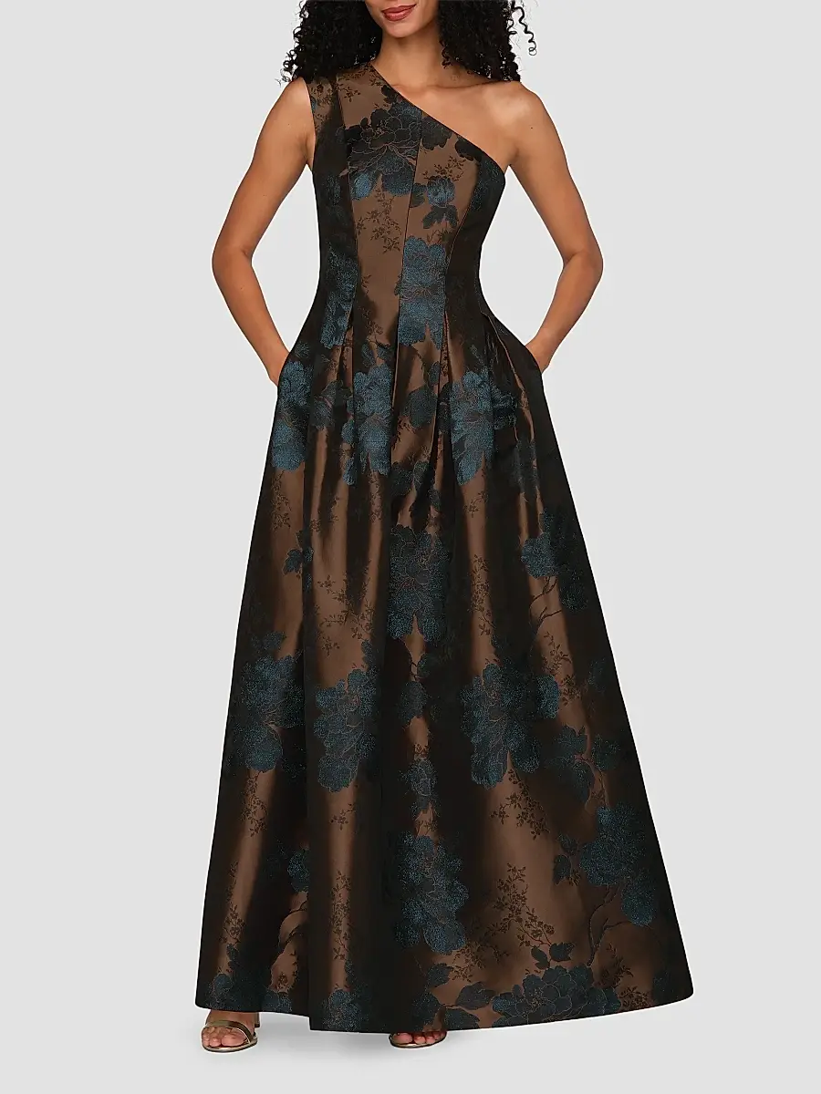 Kay Unger Women's Brynlee Floral Jacqaurd One-Shoulder Gown | Thumbnail 4 Kay Unger Women's Brynlee Floral Jacqaurd One-Shoulder Gown | Thumbnail 4