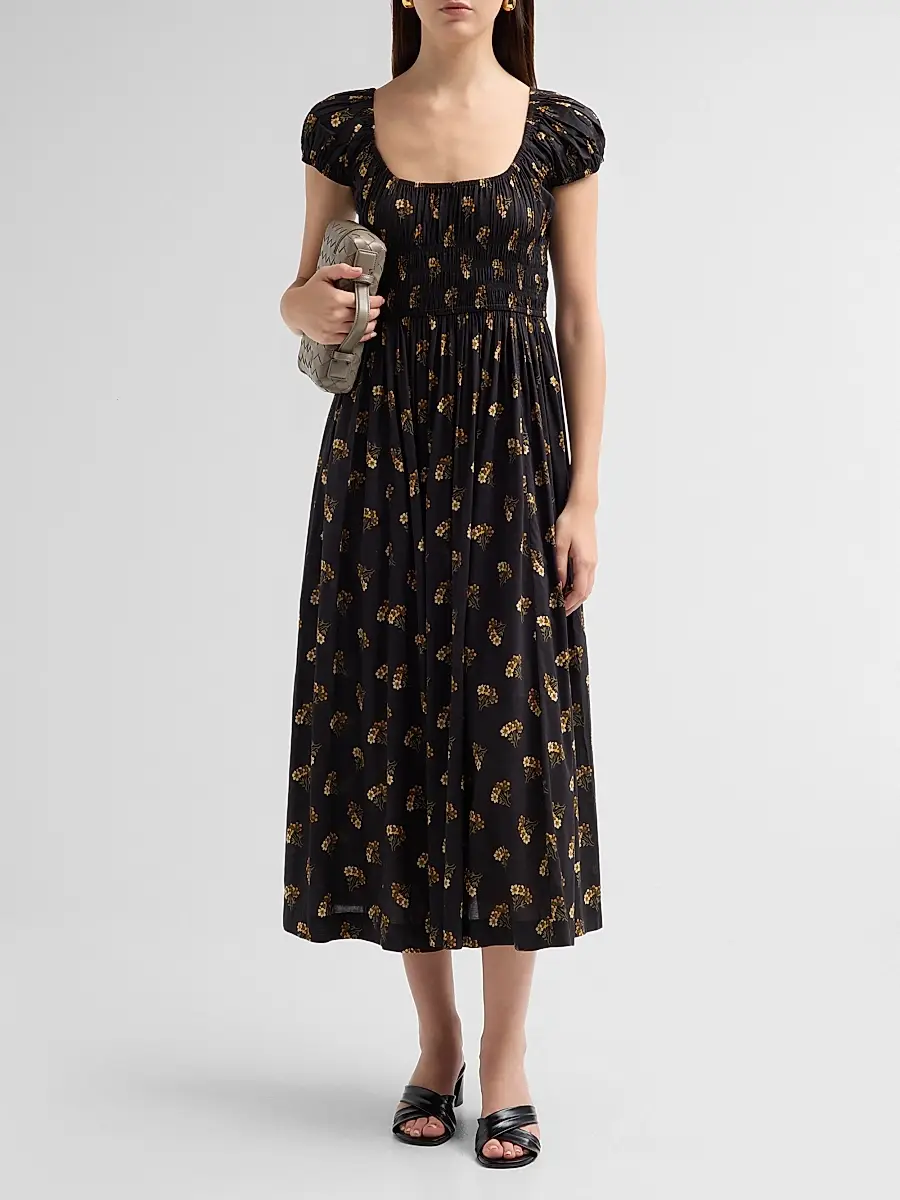 DÔEN Women's Quinley Cotton-Blend Floral Smocked Midi Dress | Thumbnail 2