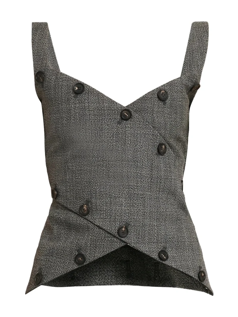 Ferragamo Women's Button-Detail Mouliné Wool Sleeveless Top