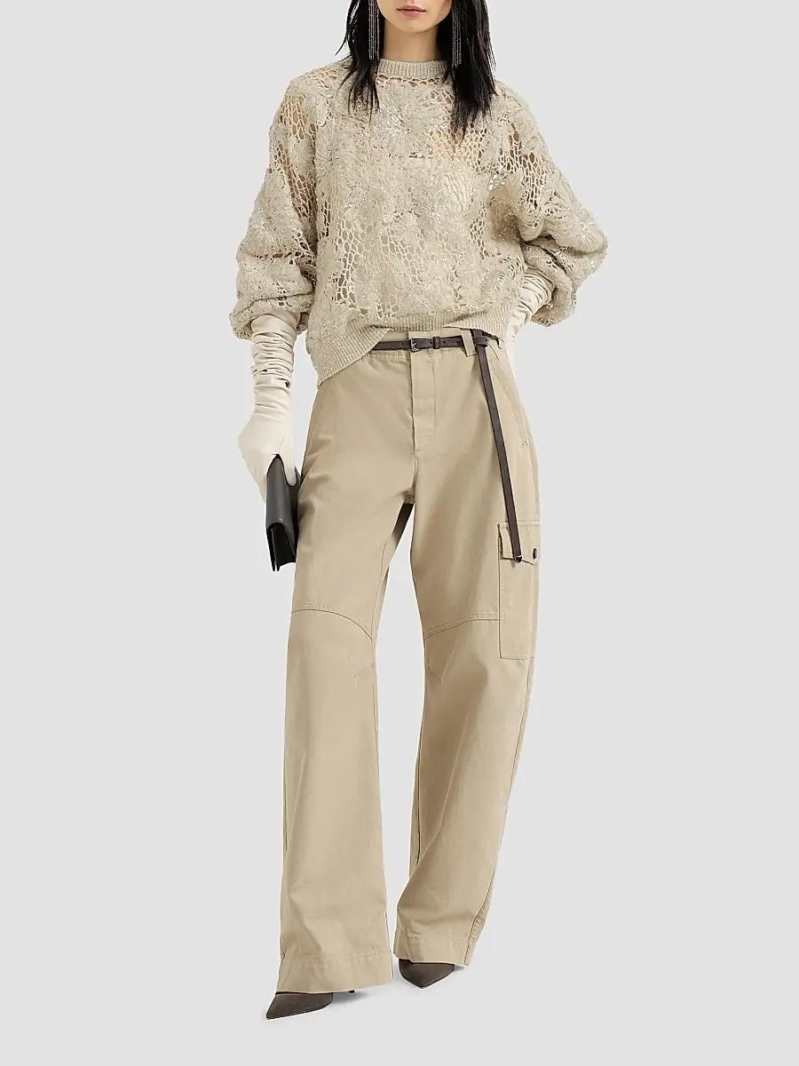 Brunello Cucinelli Women's Whispering Bloom Embroidery Sweater in Sparkling Mohair and Wool - Sand | Thumbnail 2