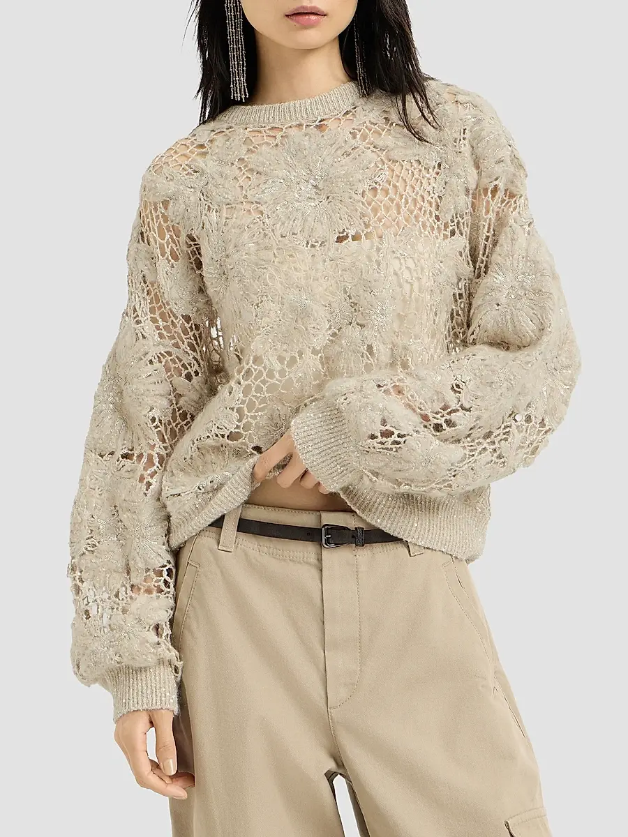 Brunello Cucinelli Women's Whispering Bloom Embroidery Sweater in Sparkling Mohair and Wool - Sand | Thumbnail 3