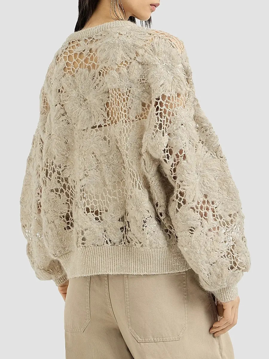 Brunello Cucinelli Women's Whispering Bloom Embroidery Sweater in Sparkling Mohair and Wool - Sand | Thumbnail 4
