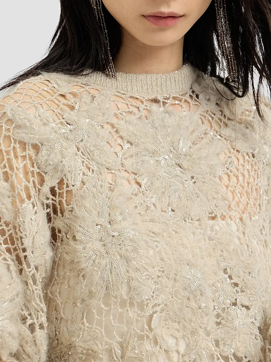 Brunello Cucinelli Women's Whispering Bloom Embroidery Sweater in Sparkling Mohair and Wool - Sand | Thumbnail 5