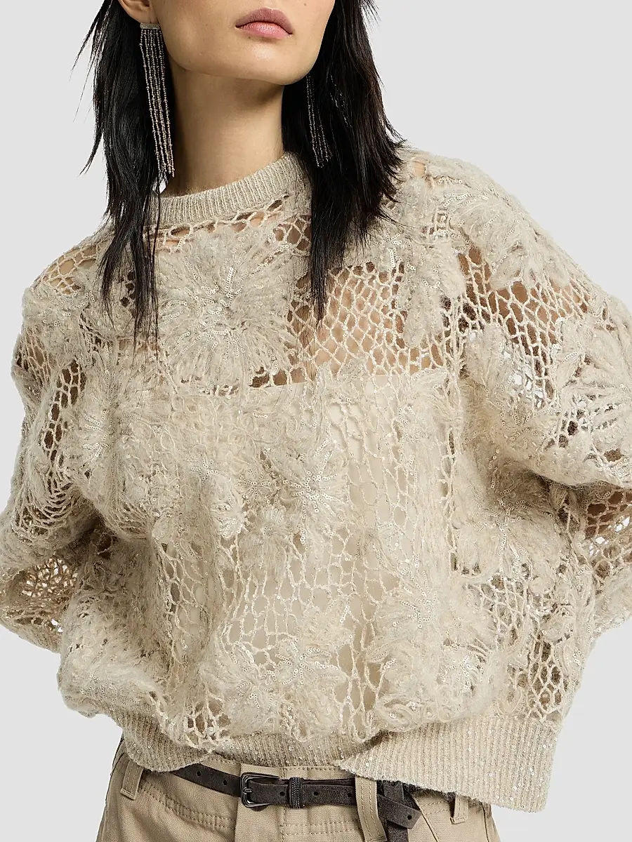 Brunello Cucinelli Women's Whispering Bloom Embroidery Sweater in Sparkling Mohair and Wool - Sand | Thumbnail 6