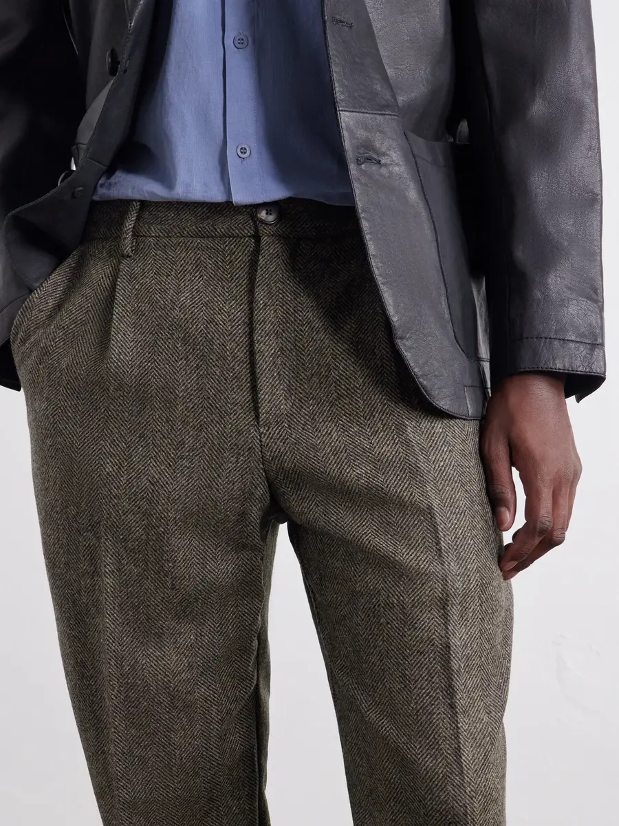Portuguese Flannel Straight-Leg Pleated Wool Herringbone Trousers - Men | Thumbnail 5