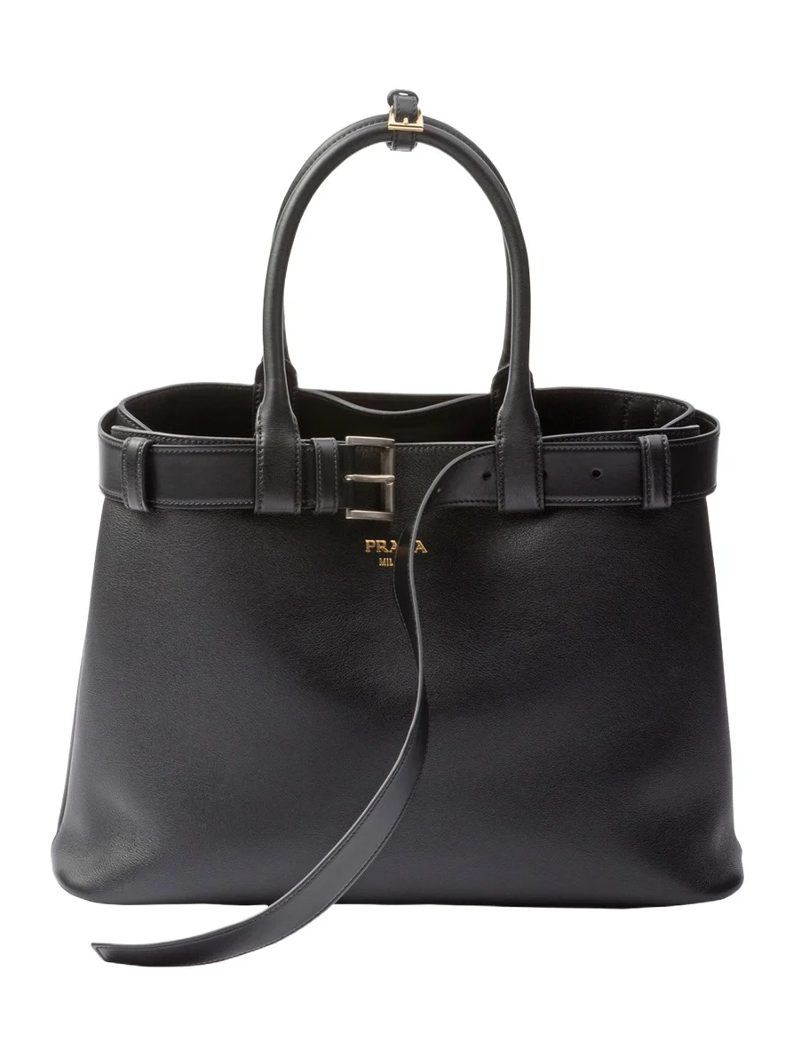 Large Buckle Grain Leather Top-Handle Bag