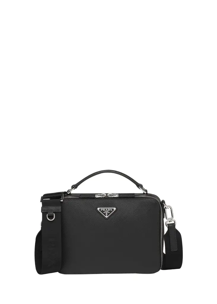 Prada Men's Saffiano Leather Brique Crossbody Bag w/ Nylon Strap | Image 1 Prada Men's Saffiano Leather Brique Crossbody Bag w/ Nylon Strap | Image 1