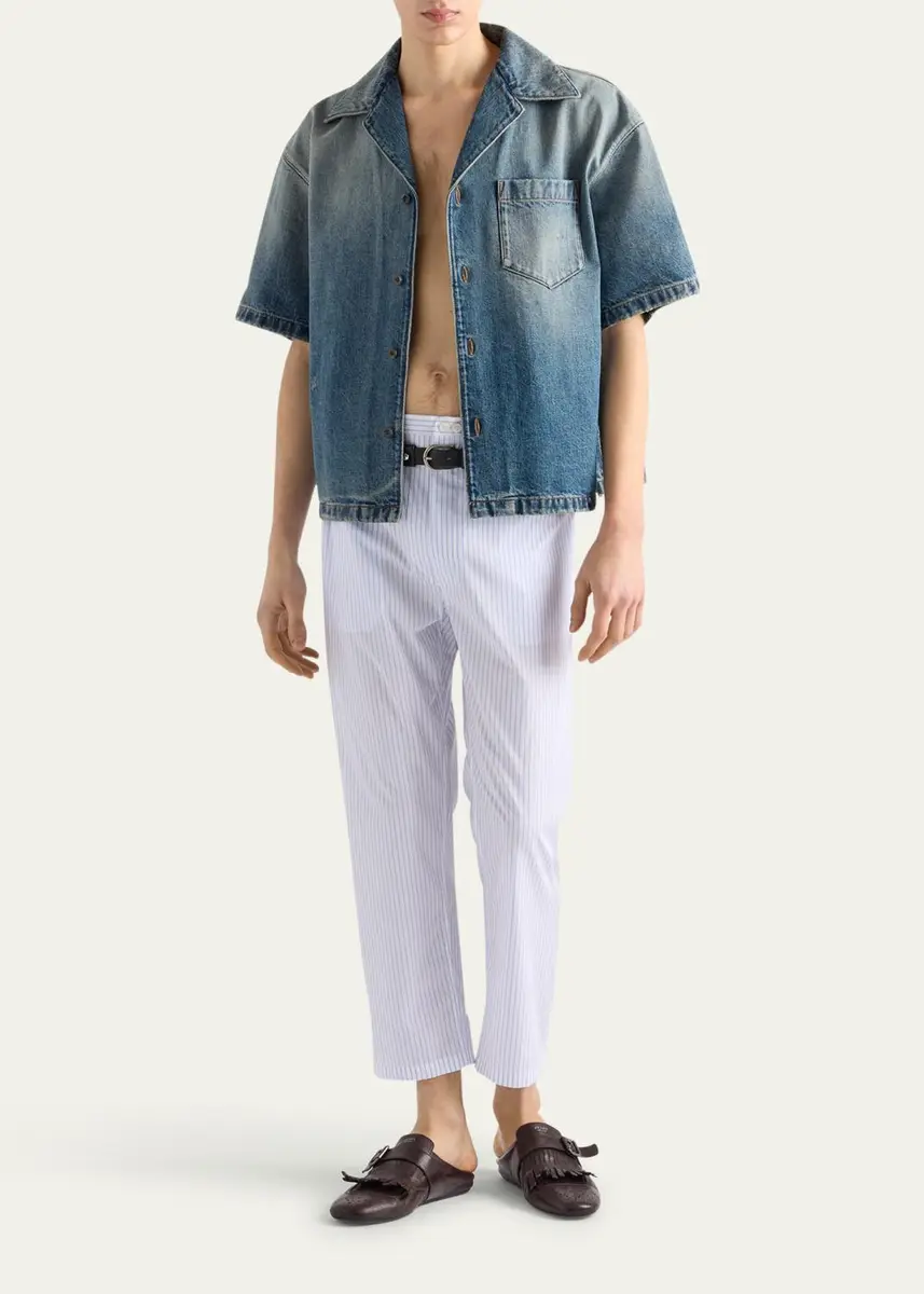 Prada Men's Denim Boxy-Fit Bowling Shirt | Thumbnail 2 Prada Men's Denim Boxy-Fit Bowling Shirt | Thumbnail 2