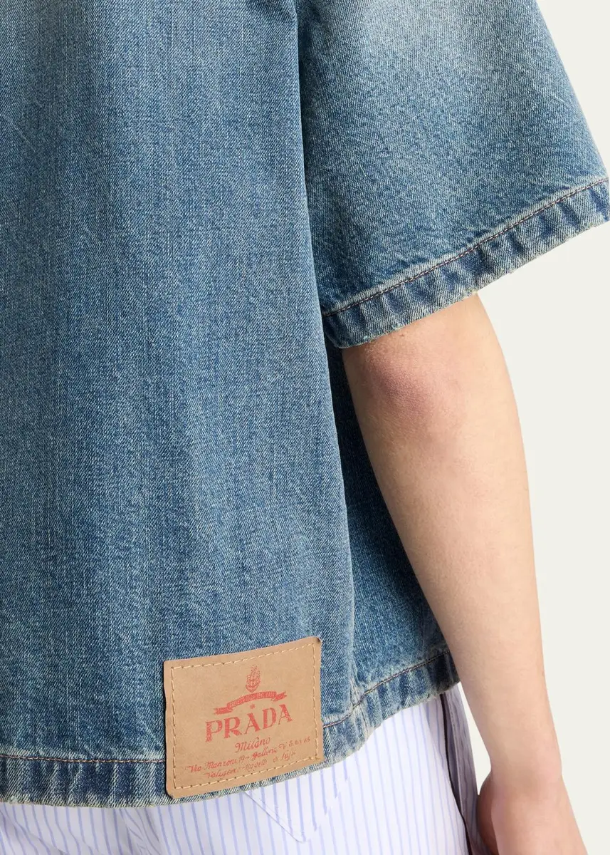 Prada Men's Denim Boxy-Fit Bowling Shirt | Thumbnail 4 Prada Men's Denim Boxy-Fit Bowling Shirt | Thumbnail 4
