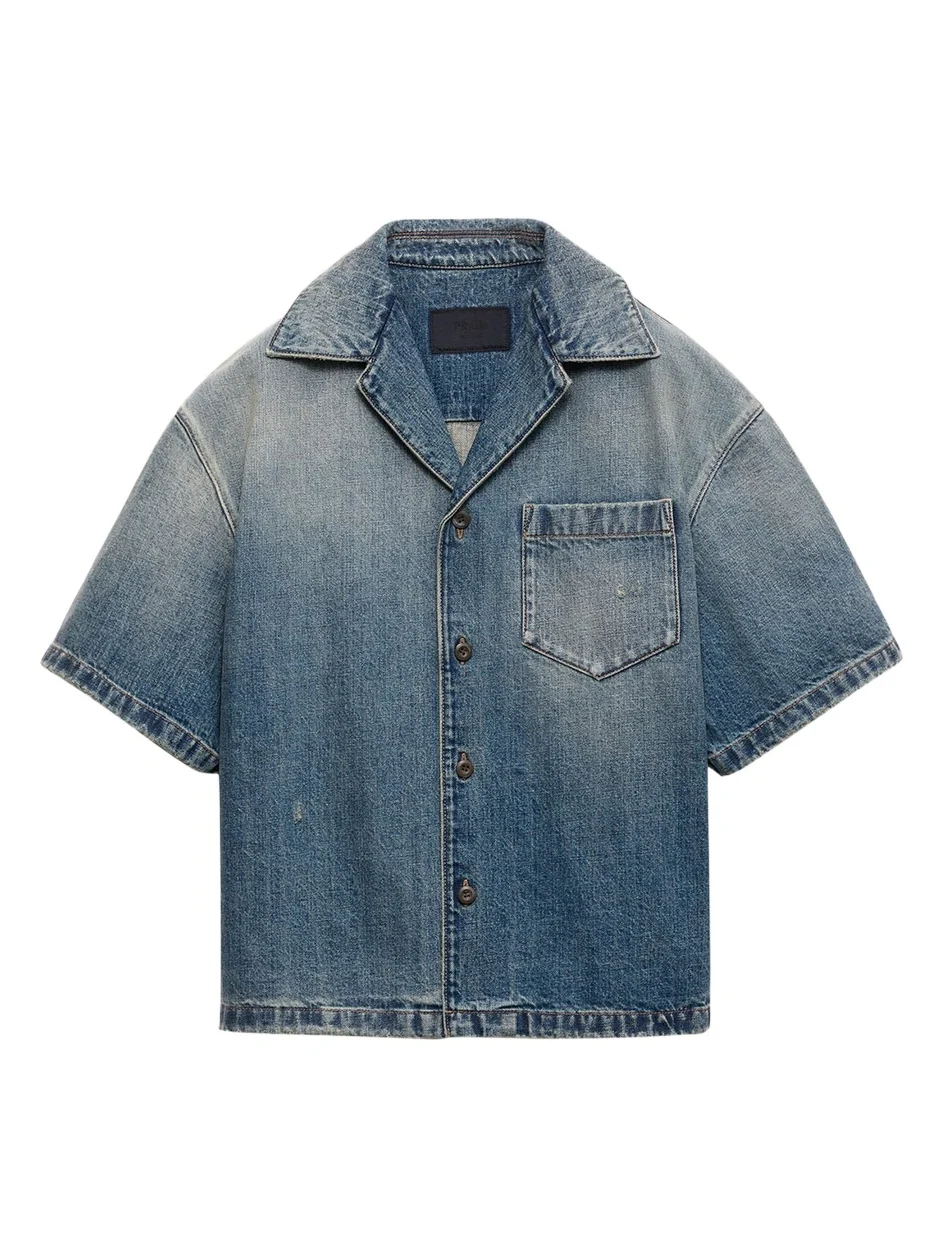 Prada Men's Denim Boxy-Fit Bowling Shirt