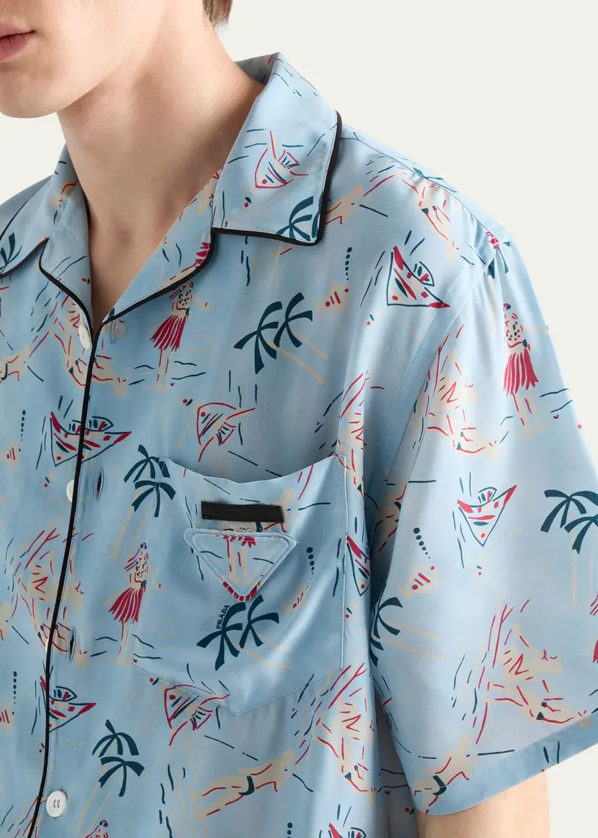 Prada Men's Hawaiian-Print Short-Sleeve Shirt | Thumbnail 4