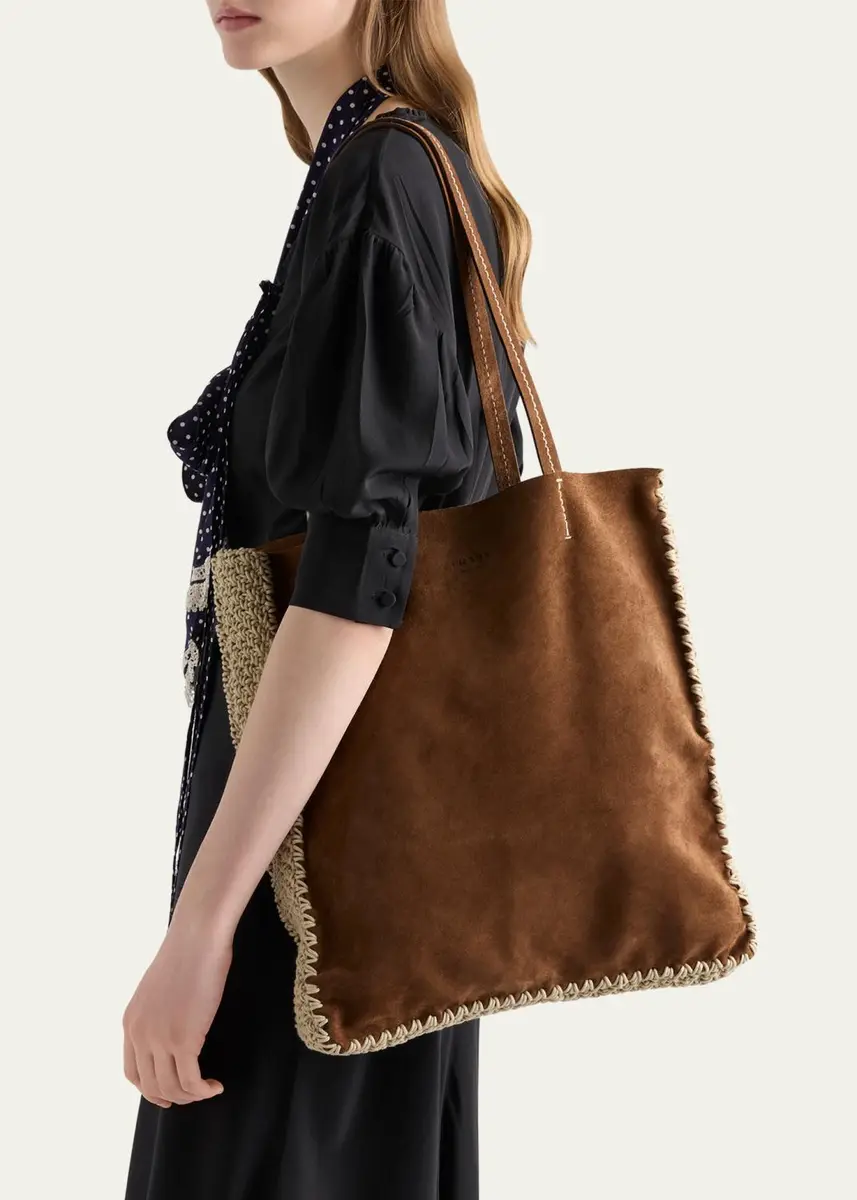 Prada Crochet-Trim Suede Tote Bag | Thumbnail 2 Prada Crochet-Trim Suede Tote Bag | Thumbnail 2