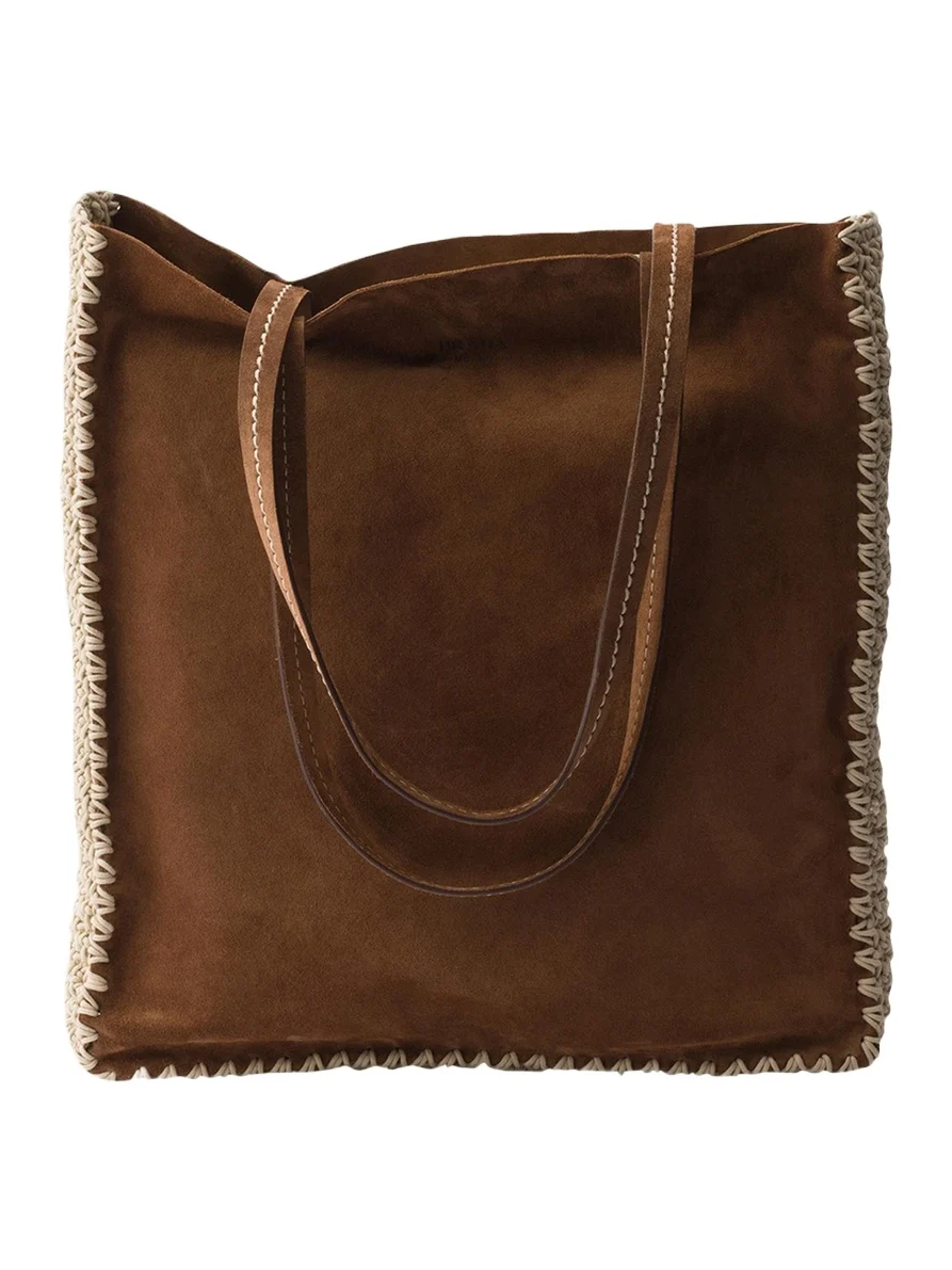 Prada Crochet-Trim Suede Tote Bag