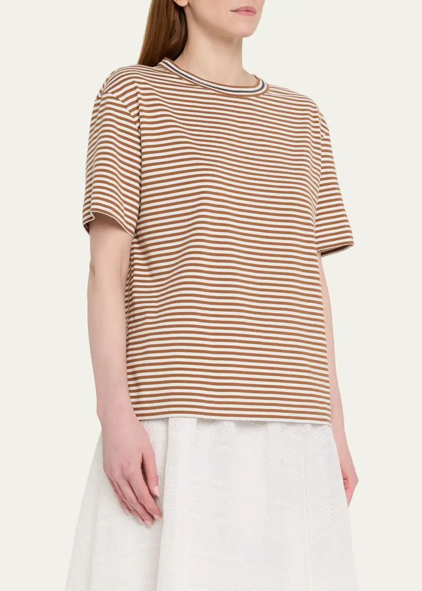 Brunello Cucinelli Monili Trim Striped Cotton T-Shirt | Thumbnail 4