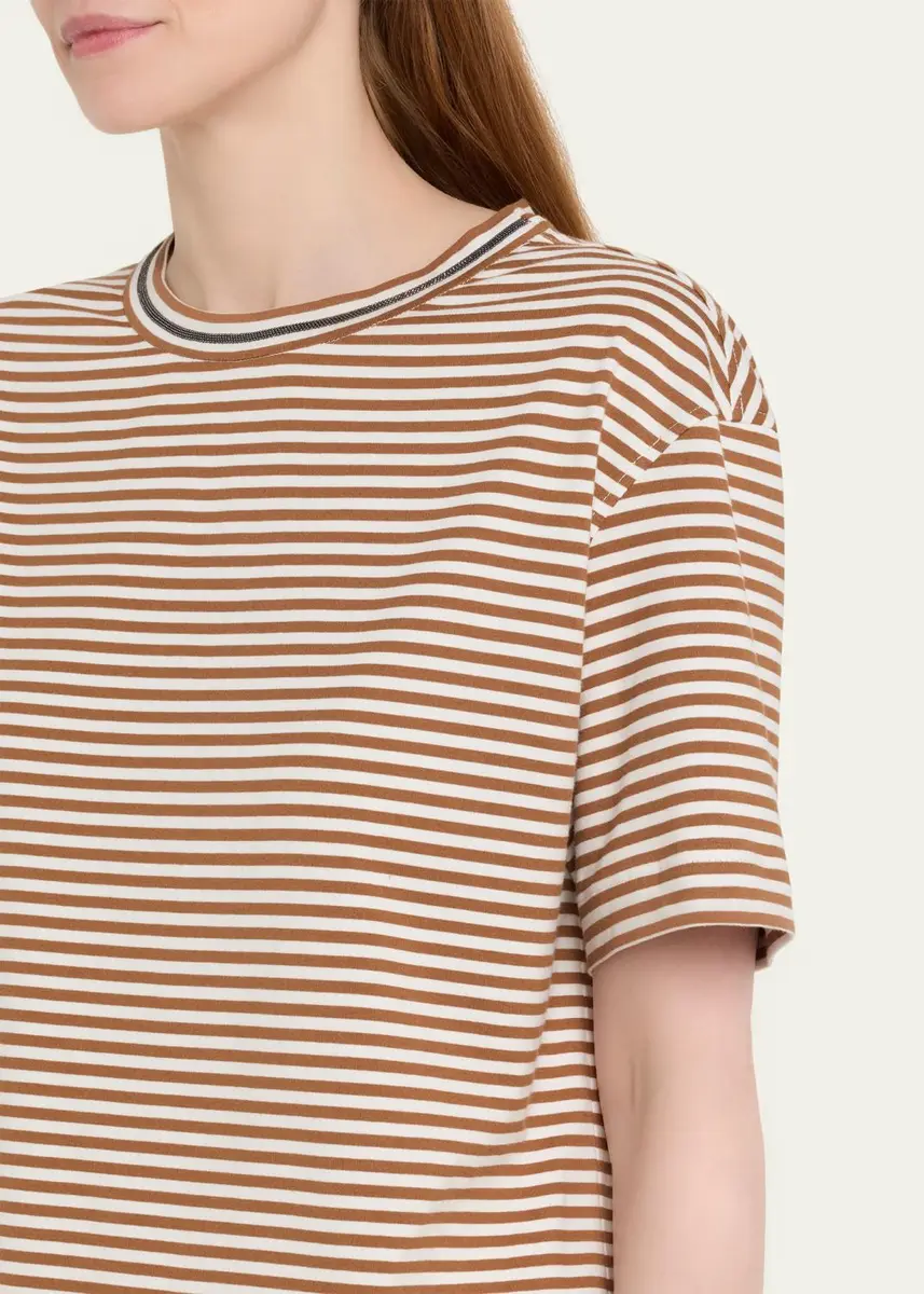 Brunello Cucinelli Monili Trim Striped Cotton T-Shirt | Thumbnail 5