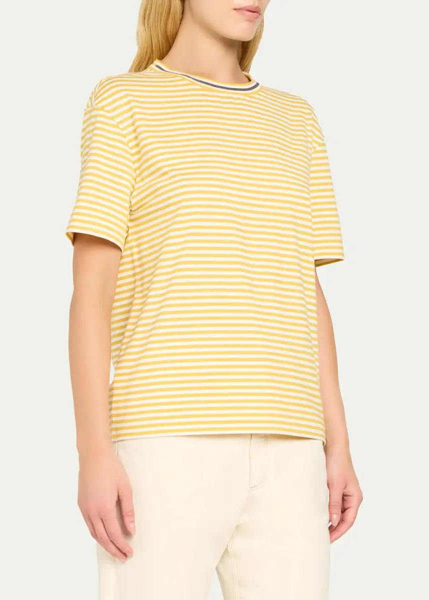 Brunello Cucinelli Monili Trim Striped Cotton T-Shirt | Thumbnail 8