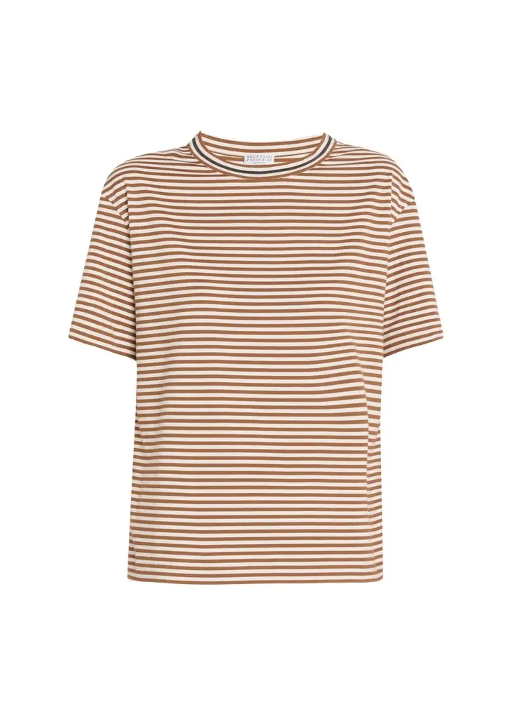 Brunello Cucinelli Monili Trim Striped Cotton T-Shirt