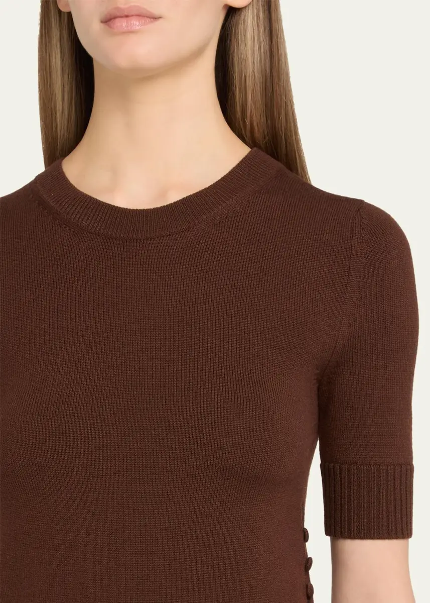 Oscar de la Renta Short-Sleeve Button-Side Crewneck Sweater | Thumbnail 5