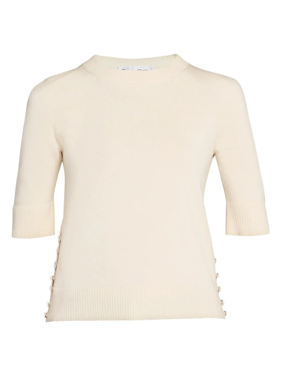 Oscar de la Renta Short-Sleeve Button-Side Crewneck Sweater
