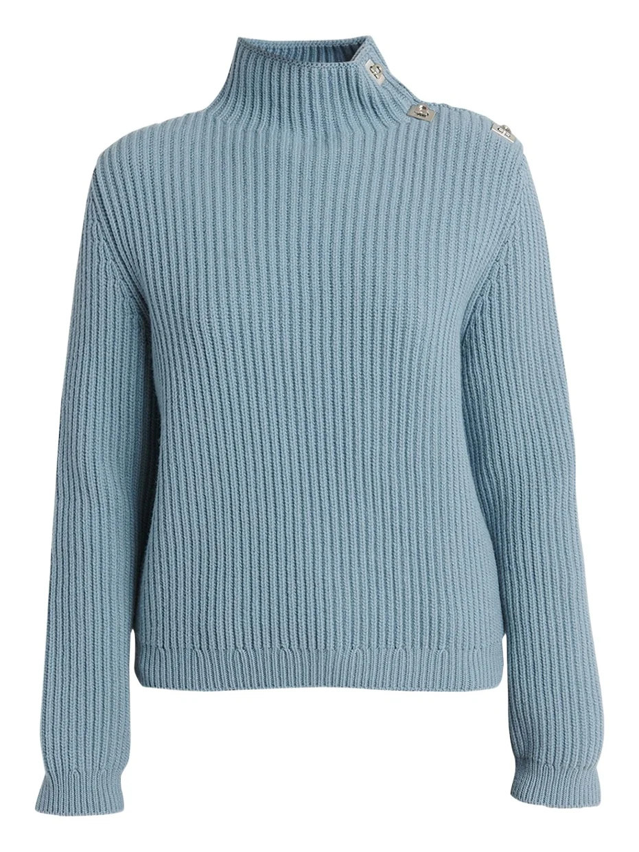 Gancini Clasp Shoulder Wool Turtleneck Sweater Gancini Clasp Shoulder Wool Turtleneck Sweater