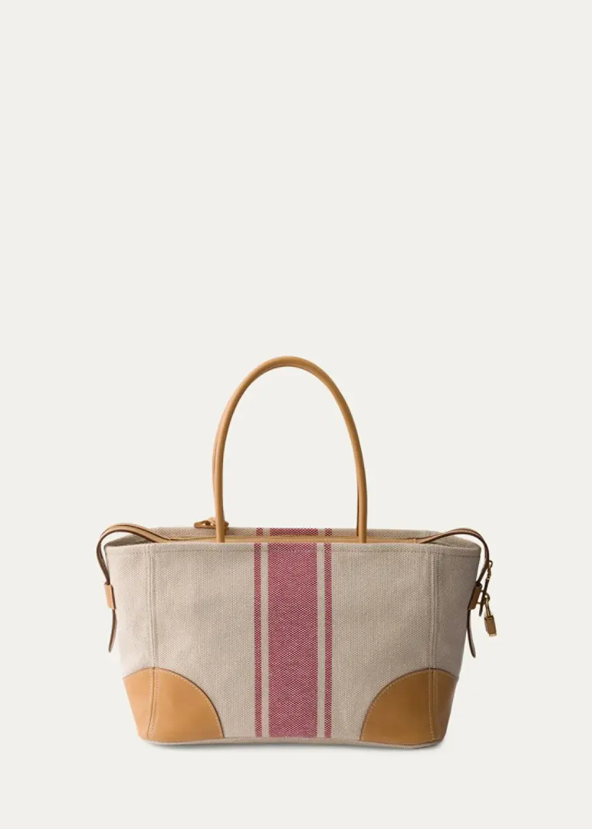 Prada Striped Canvas Leather-Trim Tote Bag | Thumbnail 2 Prada Striped Canvas Leather-Trim Tote Bag | Thumbnail 2