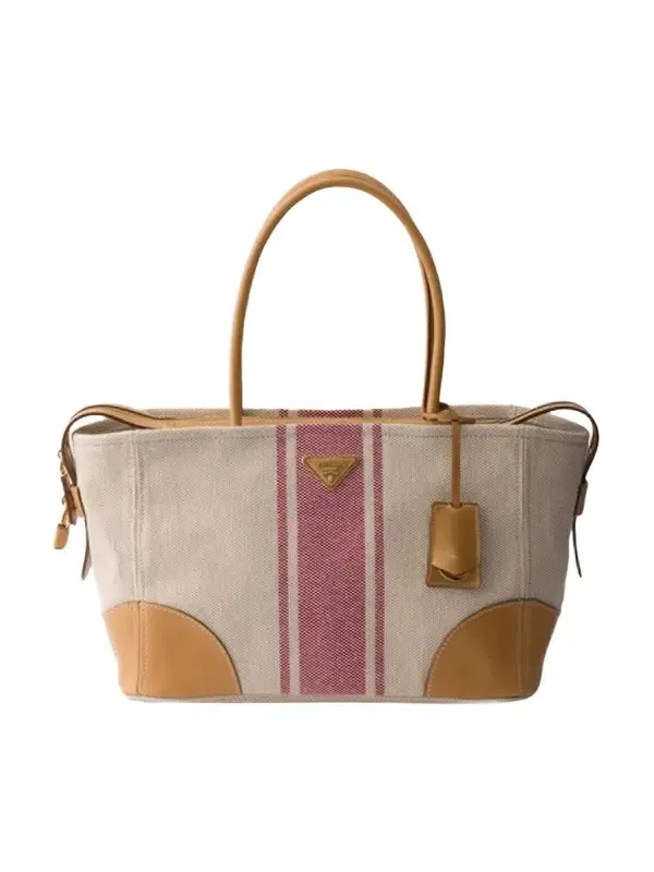 Striped Canvas Leather-Trim Tote Bag Striped Canvas Leather-Trim Tote Bag