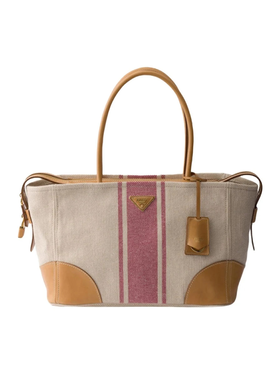 Prada Striped Canvas Leather-Trim Tote Bag