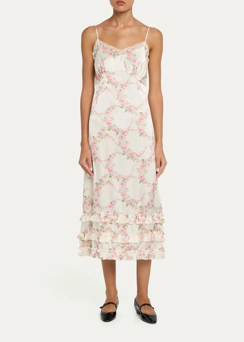 Simone Rocha Floral Satin Tiered Ruffle Midi Slip Dress | Thumbnail 2